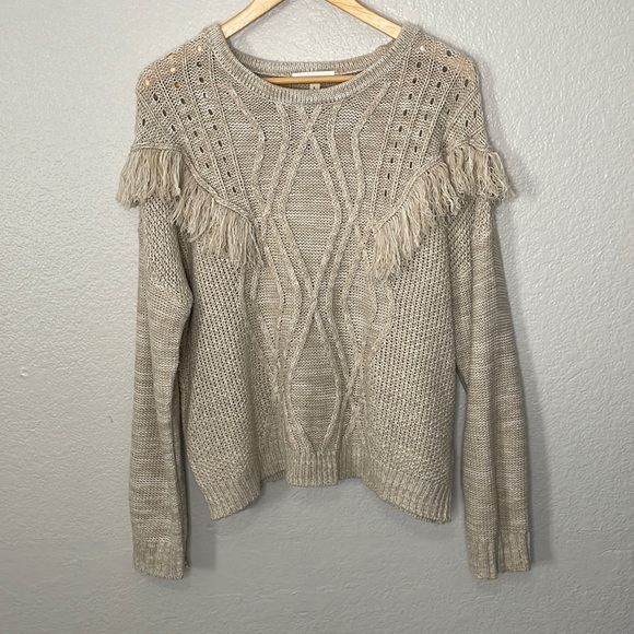 JUNE & HUDSON Sweater with Fringe Detail | Beige | Large - Picture 1 of 9